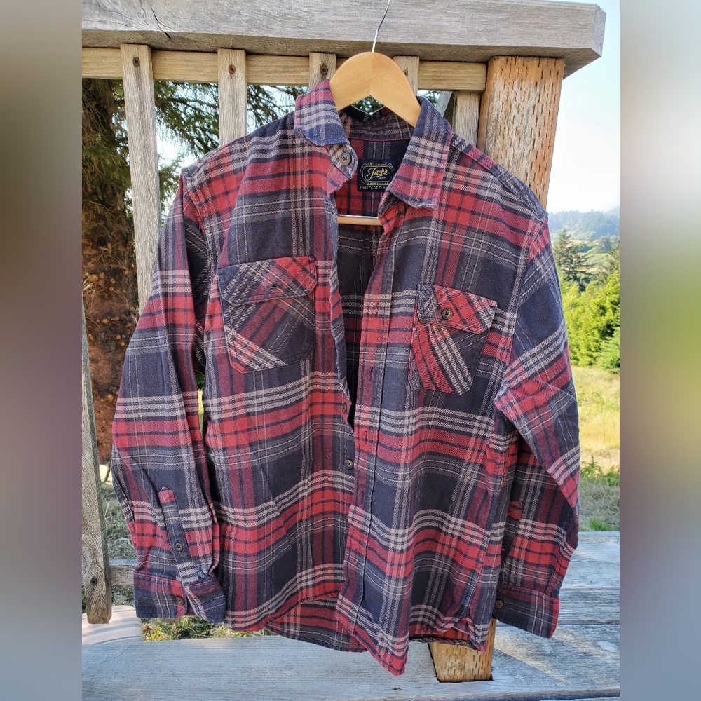 Red and Blue Casual Button Down Shirt with Plaid Design